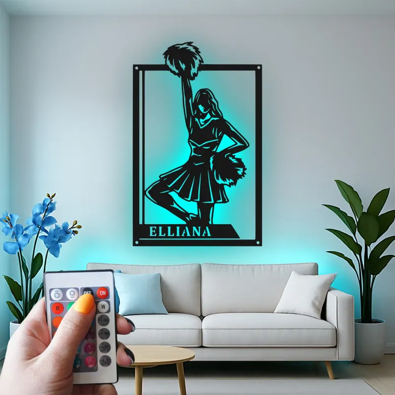 Personalisierte Cheerleader LED-beleuchtete Metall-Wandkunst – Geschenk für Cheer-Teamzimmer oder Spielzimmer-Deko