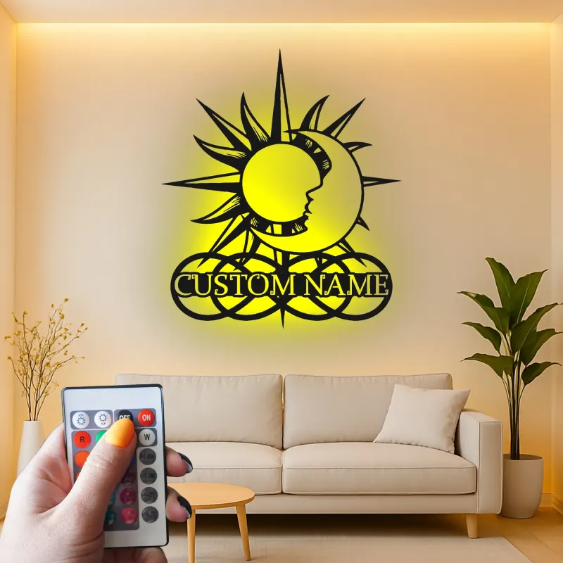 Art mural en métal céleste personnalisé | Panneau LED soleil et lune | Décor boho personnalisé | Lumière de chambre mystique