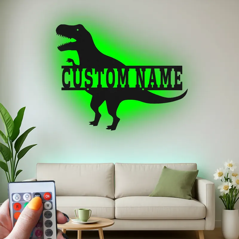 Insegna in metallo personalizzata T-Rex con luce LED regalo per la camera dei bambini decorazione per amanti dei dinosauri