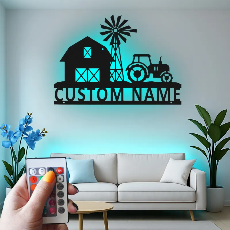 Insegna in metallo personalizzata con scena di fattoria e luce LED regalo per agricoltori decorazione rustica con trattore per la casa