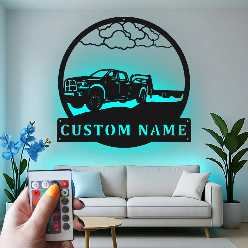 Insegna LED in metallo con pickup personalizzato | Arte murale con rimorchio gooseneck | Decorazione garage con nome per lui | Regalo per camionisti