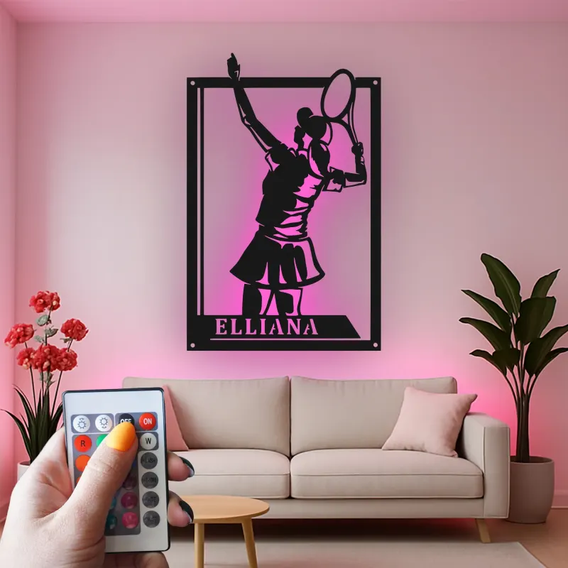 Insegna LED personalizzata per tennista | Arte murale in metallo su misura | Decor sportivo per la stanza | Regalo per atleta