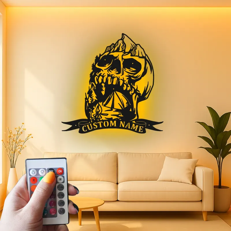 Custom Skull Mountain LED Sign | Personalized Metal Wall Art | Gothic Outdoor & Camper Decor | Rustic Cabin Gift