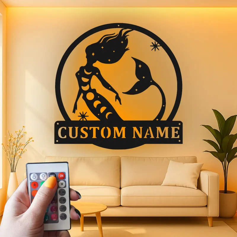 Arte mural de sirena personalizada | Letrero LED de metal a medida para habitación de niña | Decoración náutica mística con nombre