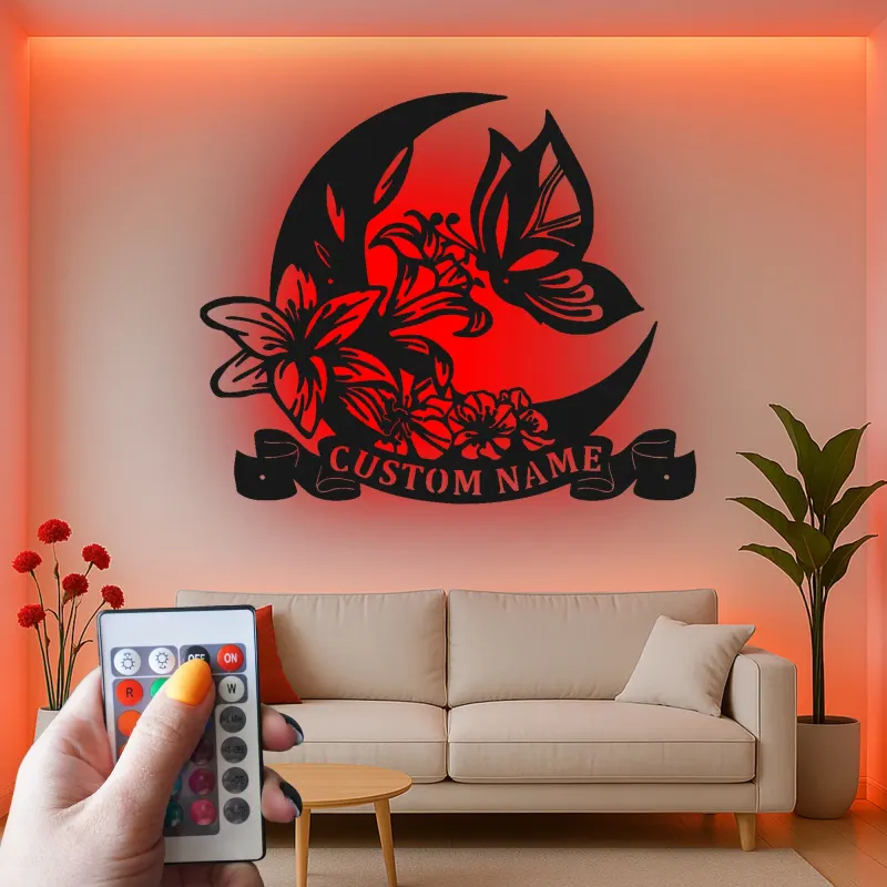 Insegna in metallo LED personalizzata con luna e farfalla - Regalo per lei, decorazione per camera da letto o nursery