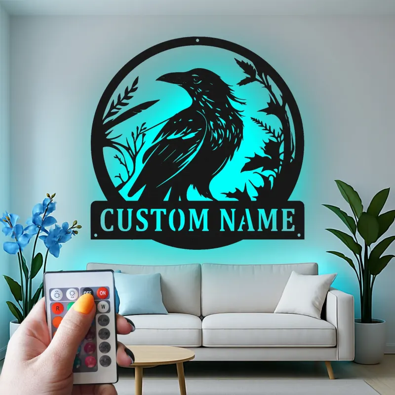 LED Raven Metal Wall Art | Personalized Bird Lover Gift | Custom Name Sign for Garden | Outdoor Nature Decor