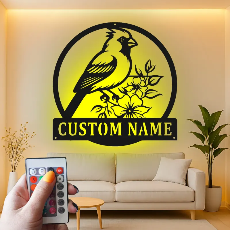 Cartel de metal LED de pájaro cardenal personalizado, regalo para amantes de la naturaleza, decoración de sala de estar o jardín