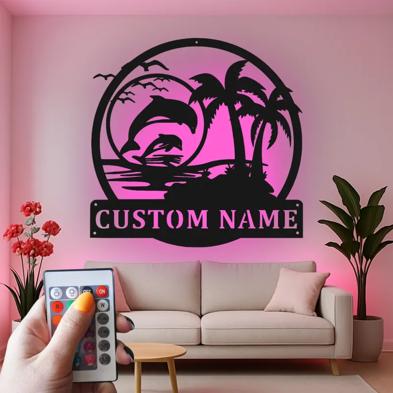 Décoration murale en métal personnalisée avec scène de plage de dauphins et rétroéclairage LED - Cadeau pour amoureux de l'océan - Décor côtier