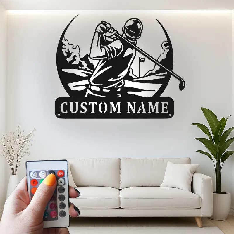 Insegna in metallo personalizzata per golfista con LED | Decorazione murale golf su misura | Arredo per man cave e regalo originale per amanti del golf