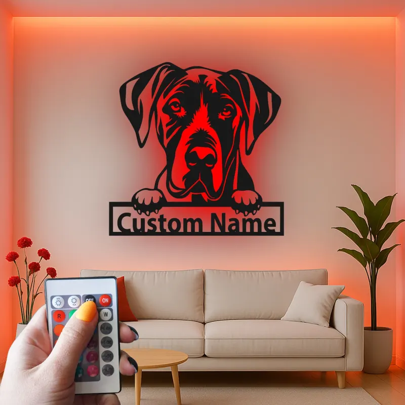 Insegna in metallo LED personalizzata per amanti dei cani con Alano - Regalo per la sala da pranzo