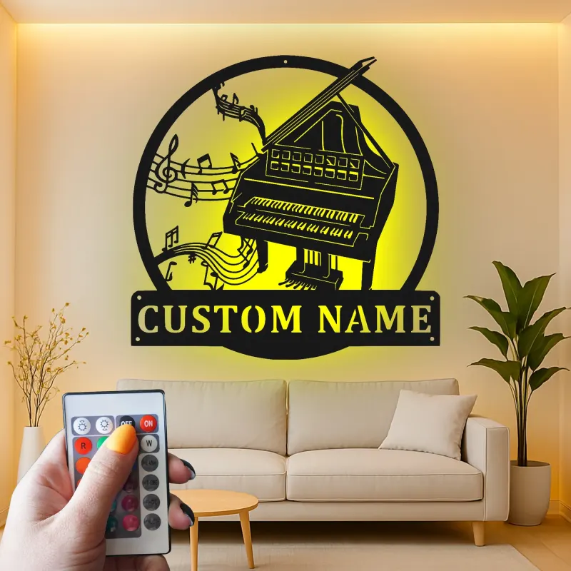 Panneau piano personnalisé avec LED | Décoration murale en métal sur mesure pour salle de musique | Déco silhouette piano à queue | Cadeau pour pianiste