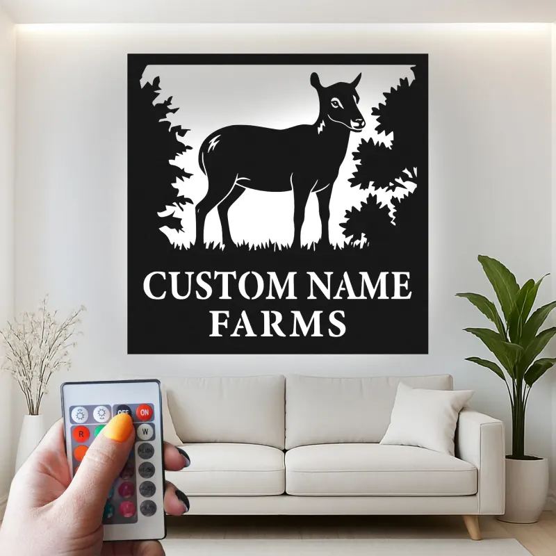 Insegna in metallo personalizzata con luce LED per fattoria di cervi - Regalo personalizzato per proprietari di fattorie, decorazione rustica per esterni