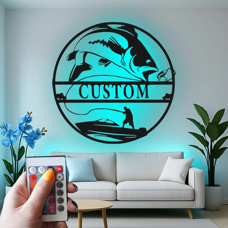 Arte murale in metallo da pesca su misura | Insegna LED personalizzata per pescatore | Arredo per casa al lago e regalo per angler