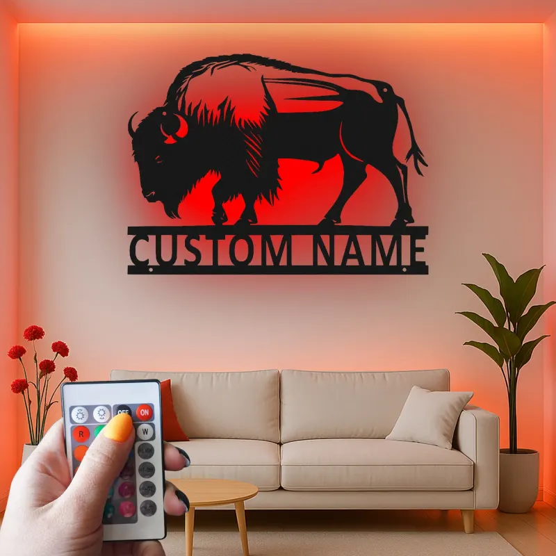 Insegna in metallo LED personalizzata con bisonte - Regalo selvatico per la casa - Decorazione rustica per soggiorno
