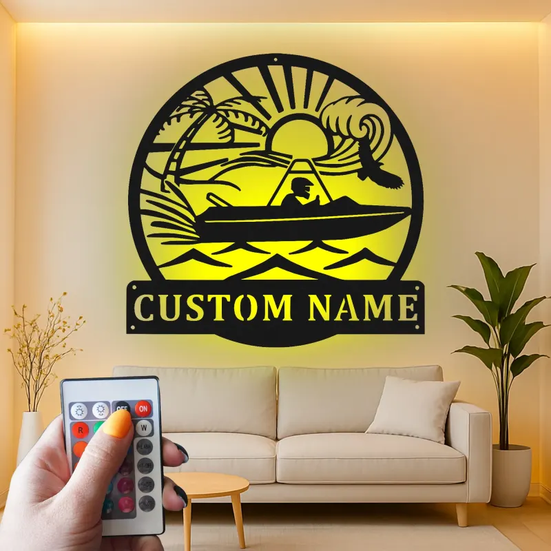 Custom Speedboat Adventure Led Light Metal Wall Art Personalized Boating Gift for Him Nautical Decor for Man Cave