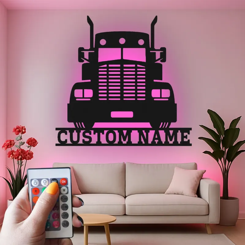 Cartel de Metal de Camión Semi Personalizado | Arte de Pared LED Personalizado para Camioneros | Decoración de Garaje de Gran Camión Regalo para Él