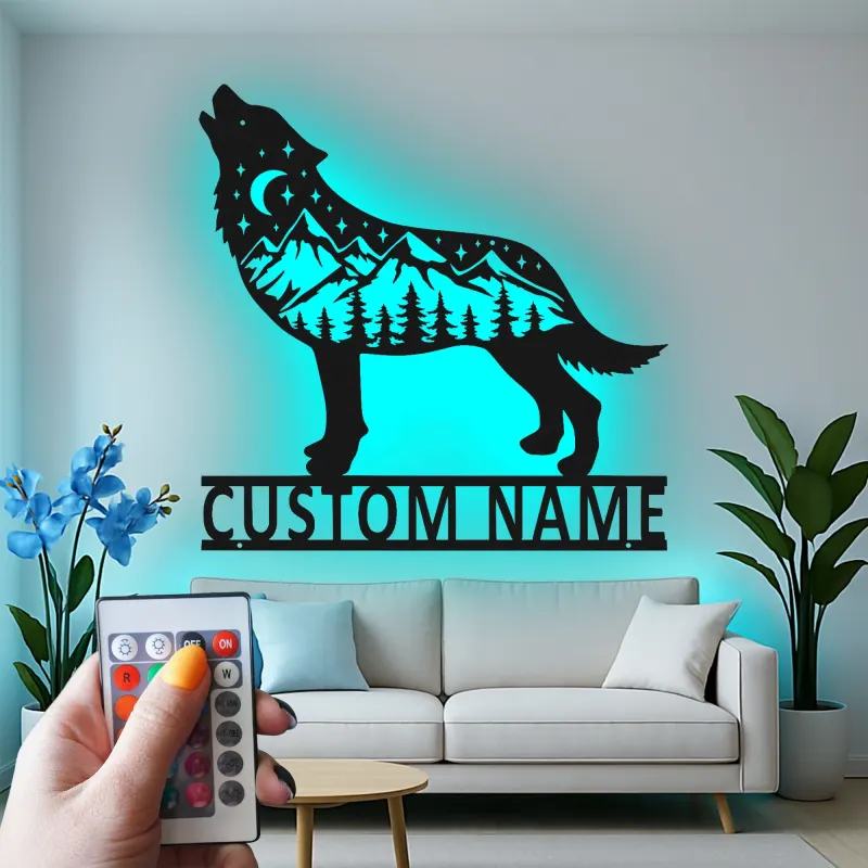Custom Wolf Mountain Scene Led Light Metal Wall Art Personalized Gift for Nature Lovers Rustic Cabin Decor 2