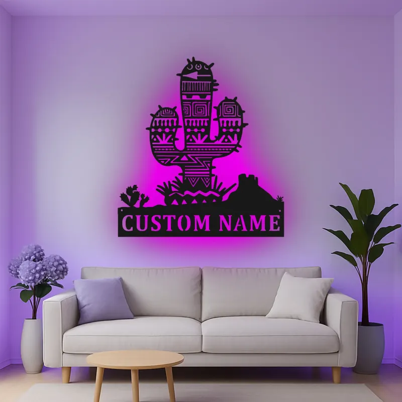 Décoration murale en métal personnalisée avec lumière LED en forme de cactus - Cadeau de décoration désert pour le salon