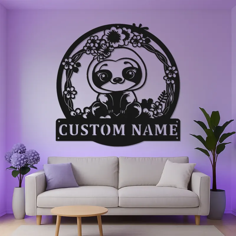 Custom Baby Sloth LED Metal Sign | Floral Nursery Wall Art | Personalized Kids Room Decor | Light Up Animal Name Gift