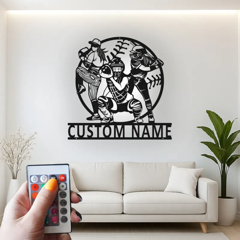 Insegna con Nome Personalizzato per Softball | Arte in Metallo LED | Regalo per Giocatore Personalizzato | Decorazione per Stanza Sportiva