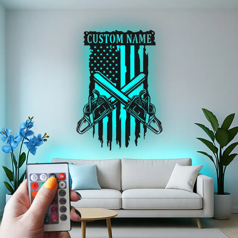 Custom Chainsaw American Flag Led Light Metal Wall Art Unique Gift for Lumberjacks Garage or Workshop Decor