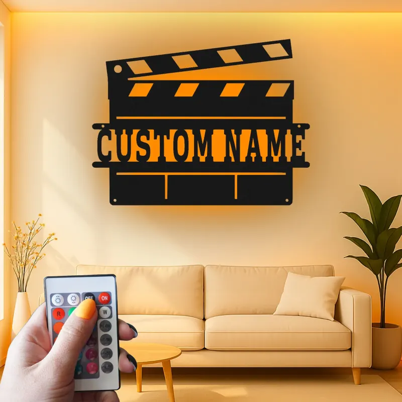 Panneau de Clap de Film Personnalisé | Art mural en métal LED pour Salle de Cinéma à Domicile | Ardoise de Film Personnalisée | Cadeau pour Amoureux du Cinéma