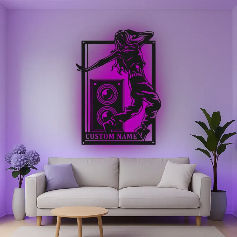 Custom Dancer and Speaker Led Light Metal Wall Art Personalized Music Lover Gift Bedroom or Studio Decor
