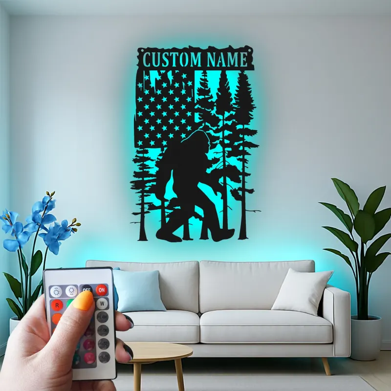 Custom Bigfoot American Flag Led Light Metal Wall Art Unique Gift for Outdoor Enthusiasts Rustic Cabin Decor