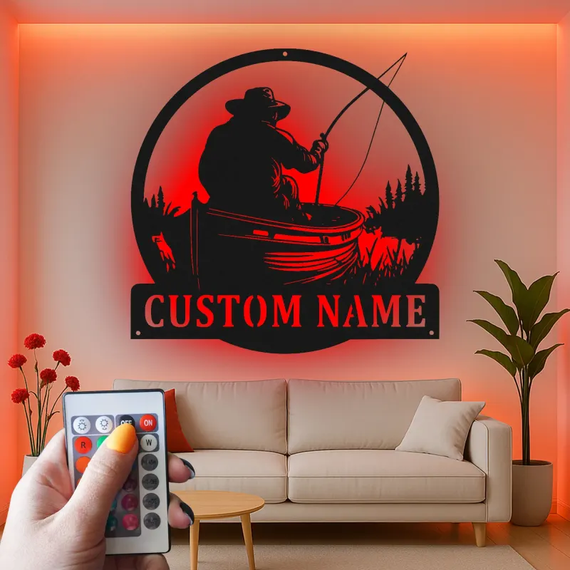 Insegna in metallo personalizzata per pescatore | Arte murale luminosa LED | Arredo pesca con nome su misura per casa al lago e pescatori