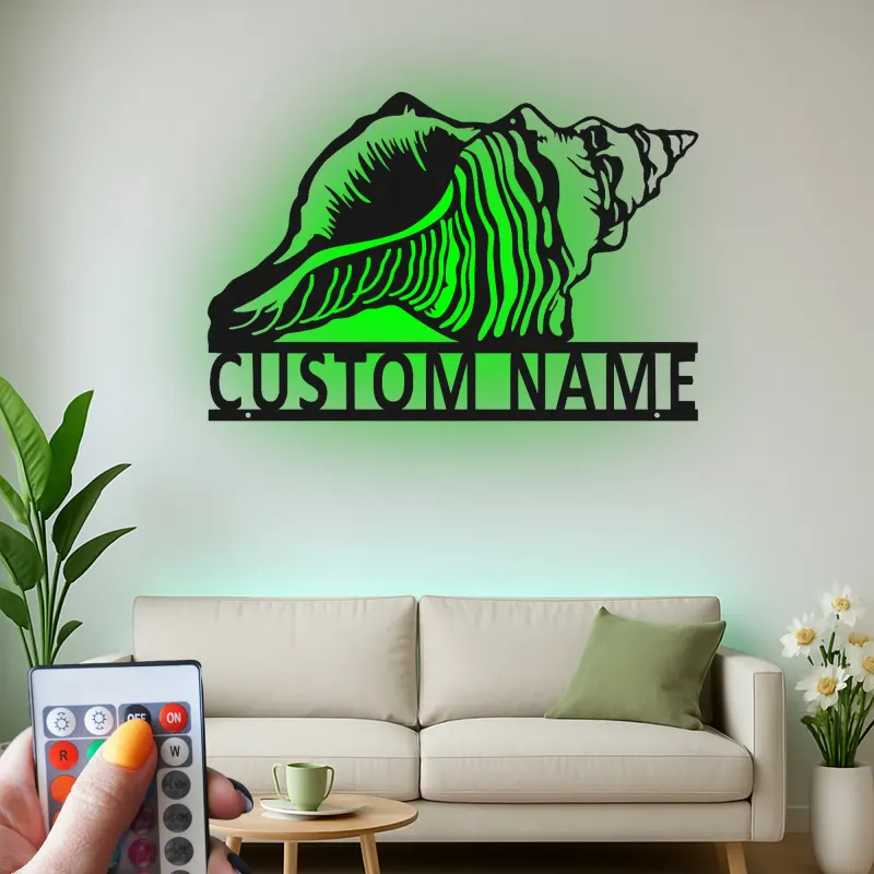 Insegna in metallo Conchiglia personalizzata con LED | Arte murale nautica personalizzata | Decorazione costiera per amanti dell'oceano