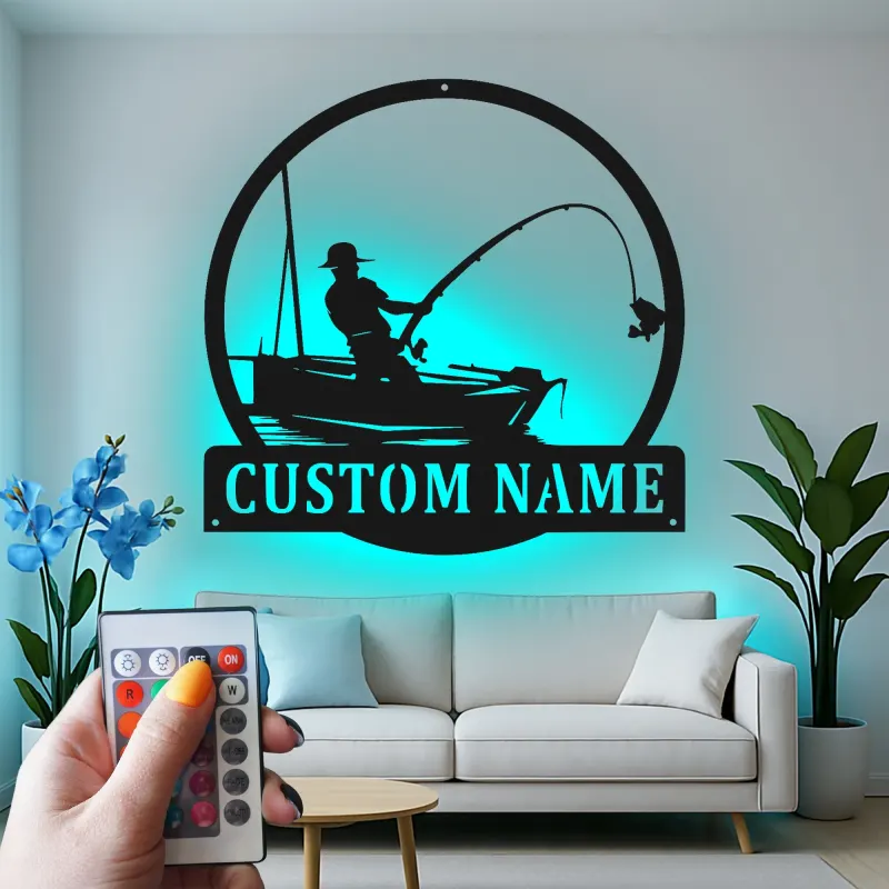 Insegna da pesca personalizzata con LED | Insegna in metallo personalizzata con pescatore | Decorazione per casa al lago e regalo per pescatori
