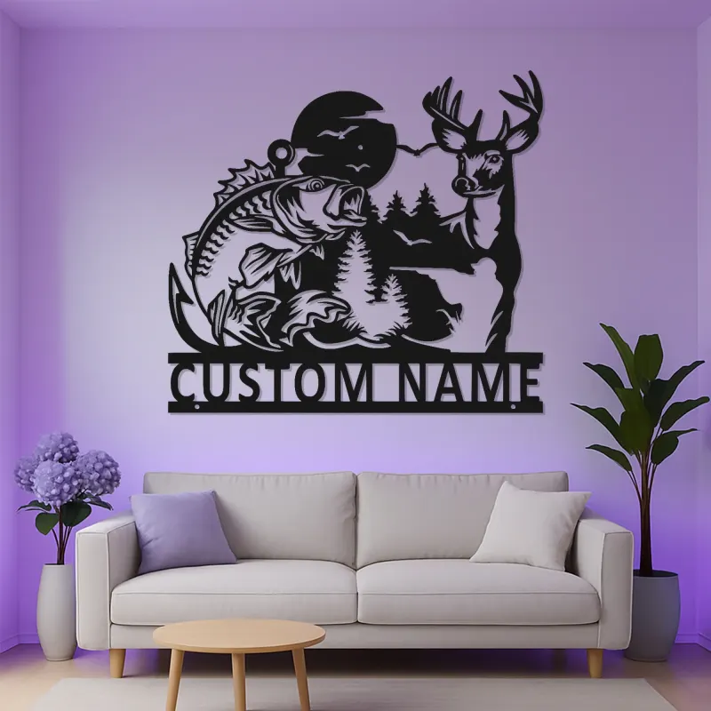 Insegna in metallo personalizzata per caccia e pesca | Decorazione wildlife con luce LED | Arte murale personalizzata con cervo e bass per baita o man cave