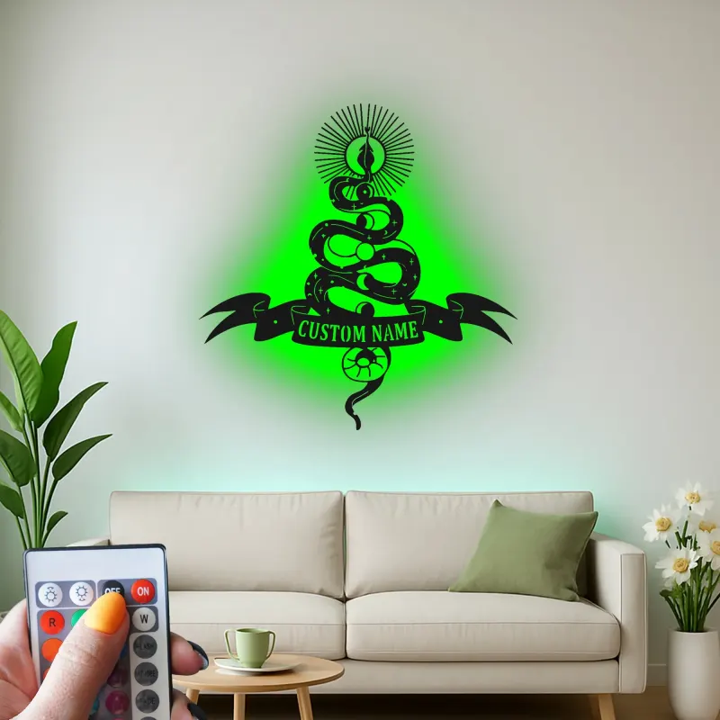 Insegna LED con serpente mistico | Arte in metallo personalizzata | Decorazione celestiale per saloni e studi | Targa gotica personalizzata