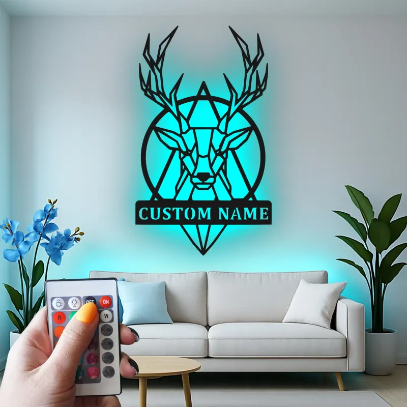 Cartel de metal LED personalizado de ciervo geométrico, regalo personalizado para amantes de la naturaleza, decoración rústica para salón