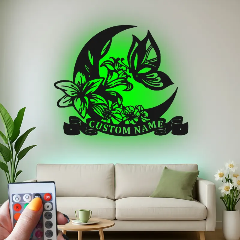Insegna in metallo LED personalizzata con luna e farfalla - Regalo per lei, decorazione per camera da letto o nursery