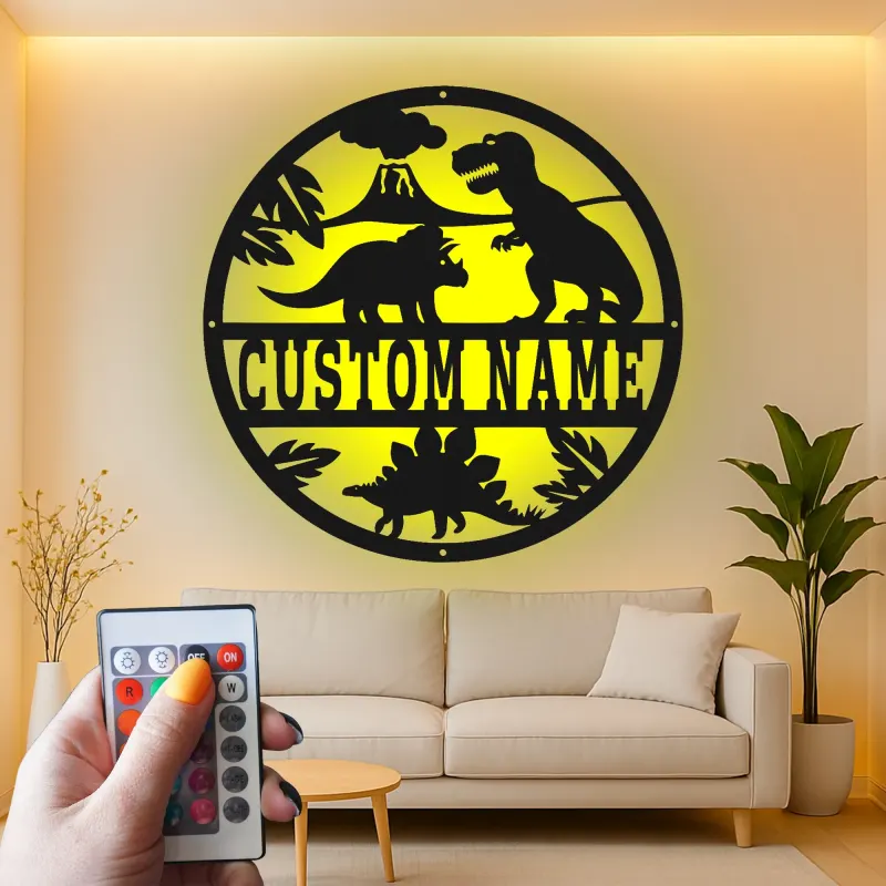 Insegna in metallo LED personalizzata con dinosauro per decorare la stanza dei bambini, regalo per la nursery per amanti dei dinosauri