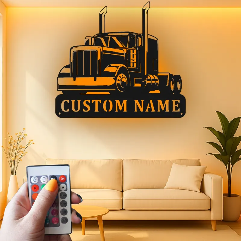 Personalisierte Semi-Truck LED-Schild | Individuelle Metall-Wandkunst für Garage | Big Rig Dekor für Trucker