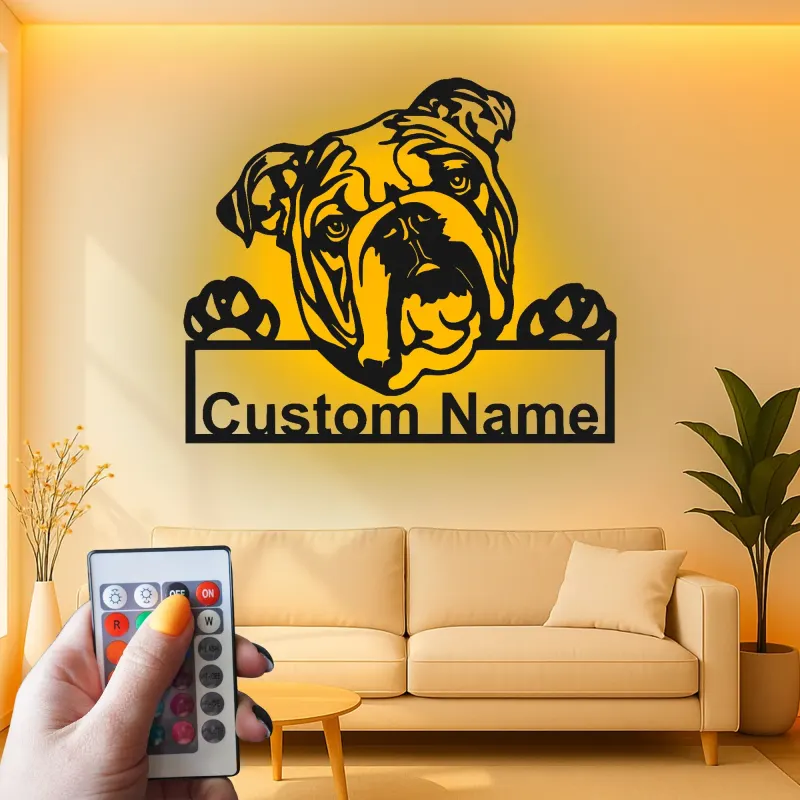 Insegna in metallo LED personalizzata con bulldog - Regalo per amanti dei cani e decorazione per soggiorno