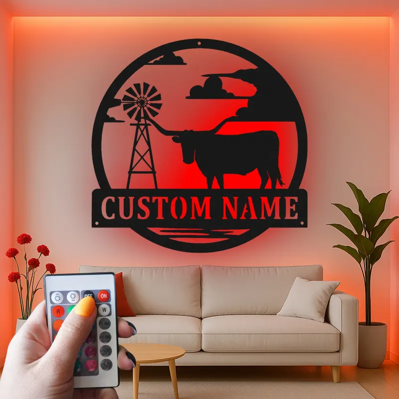 Texas Longhorn Metal Sign | Custom LED Wall Art for Modern Farmhouse Decor | Personalized Rancher & Cowboy Gift