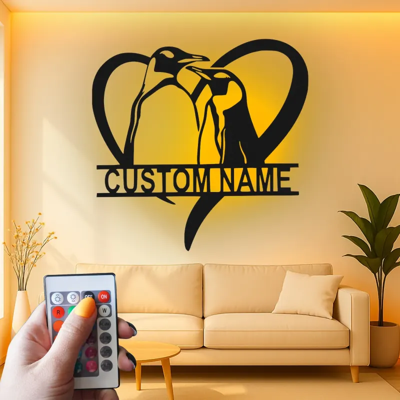 Custom Penguin Couple Led Light Metal Wall Art Romantic Gift for Couples Bedroom or Living Room Decor