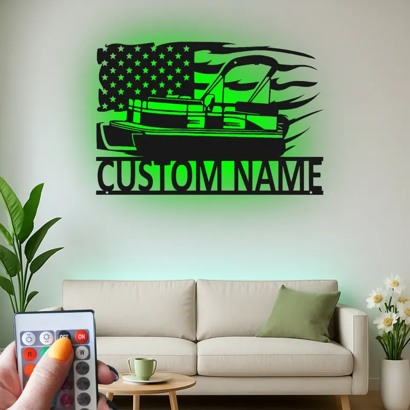 Plaque en métal personnalisée pour bateau ponton | Décoration murale avec drapeau américain LED | Décor de maison au bord du lac personnalisé | Cadeau nautique