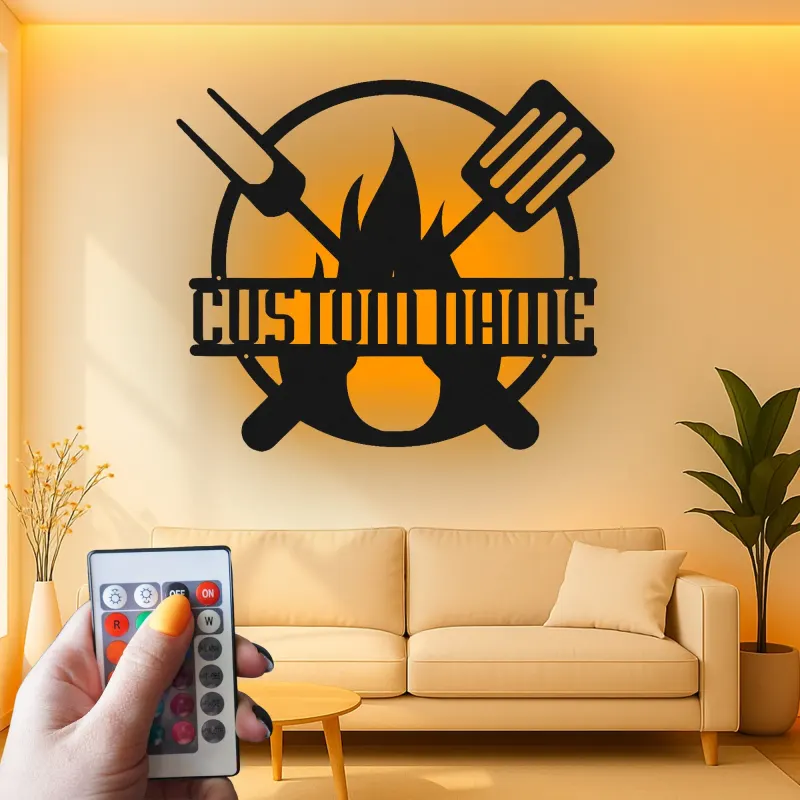 Insegna in metallo personalizzata con BBQ Grill e luce LED regalo personalizzato per maestro della griglia decorazione per patio all'aperto