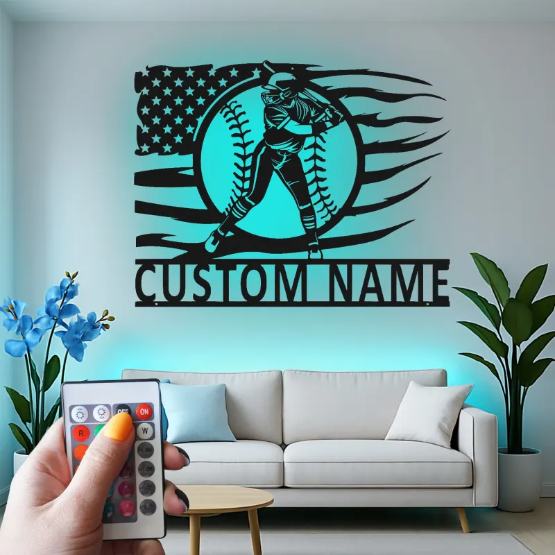 Insegna in metallo personalizzata per giocatore di softball con luce LED regalo per atleti decorazione per stanza sportiva 1