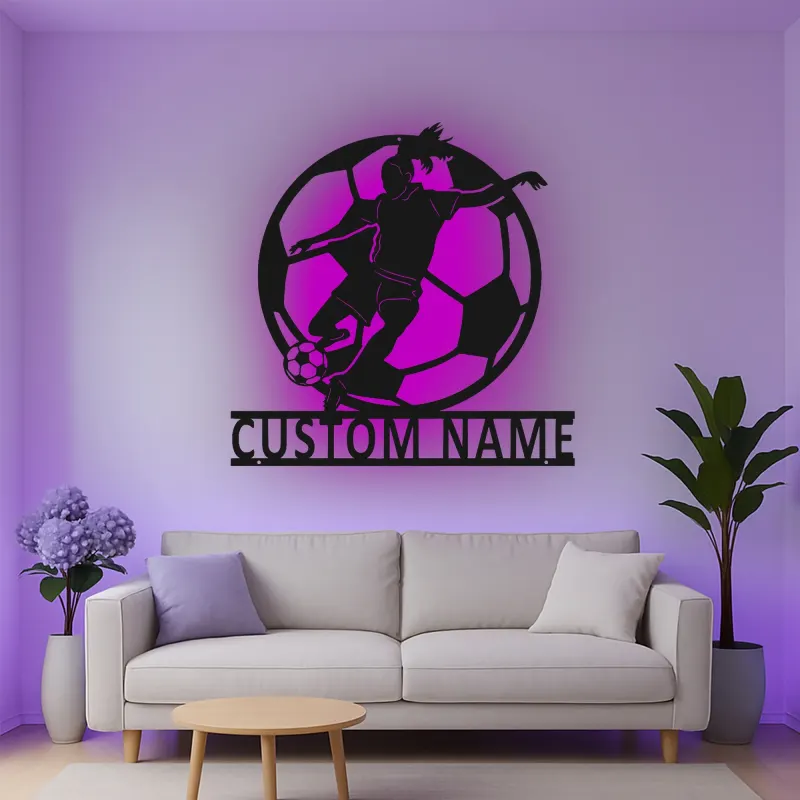 Cartel de metal personalizado de jugadora de fútbol femenino con luz LED, regalo personalizado para aficionados al fútbol, decoración para sala de juegos