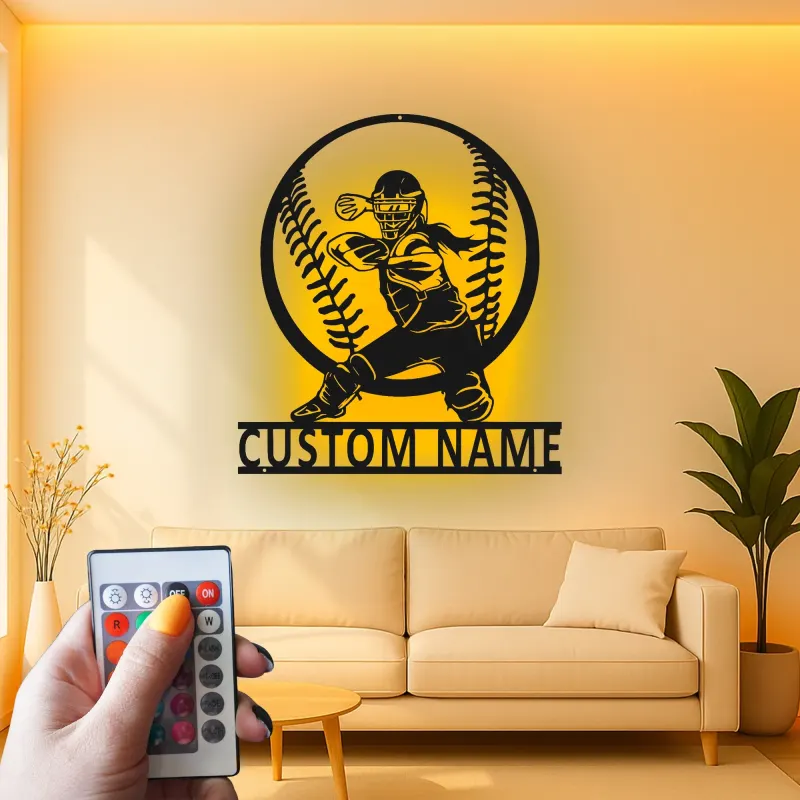 Softball Catcher LED Metal Art | Personalized Player Name Sign | Girls Sports Room Decor | Custom Athlete Gift