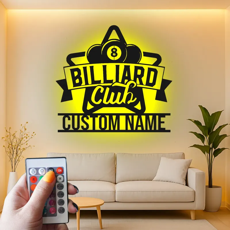 Custom Billiard Club Led Light Metal Wall Art Personalized Gift for Pool Players Game Room Decor