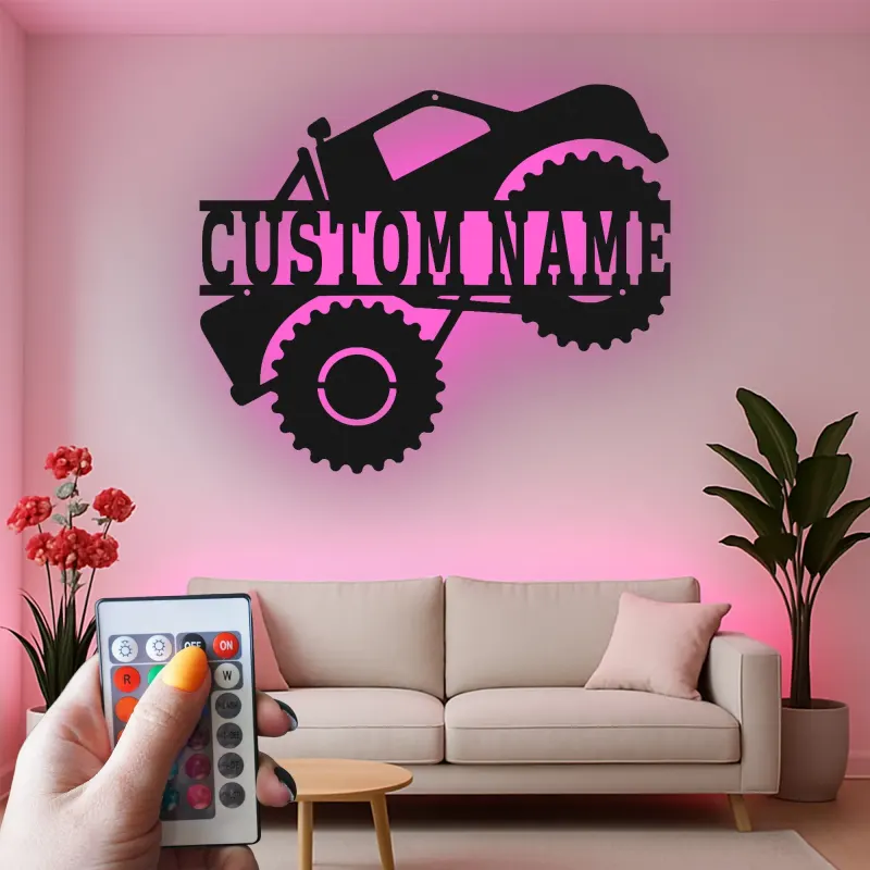 Insegna LED Monster Truck Personalizzata | Arte in Metallo Personalizzata | Decorazione Stanza dei Ragazzi e Regalo Fuoristrada | Targa Illuminata