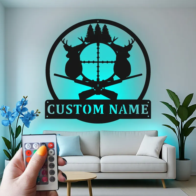 Décoration murale en métal personnalisée pour la chasse au cerf avec rétroéclairage LED, cadeau personnalisé pour les chasseurs, décoration de cabane rustique 1