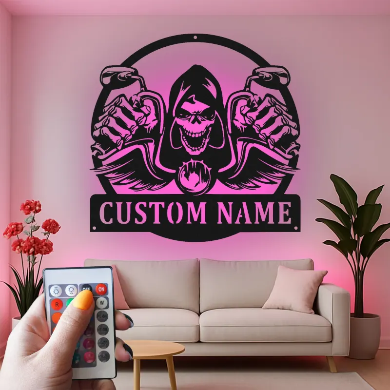 Plaque en métal Faucheuse à moto | Décoration murale LED personnalisée | Plaque motard sur mesure pour garage et man cave