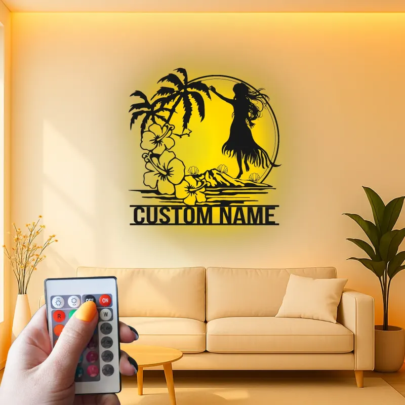 Insegna in metallo personalizzata con ballerina hula hawaiana e luce LED, regalo decorativo per interni tropicali